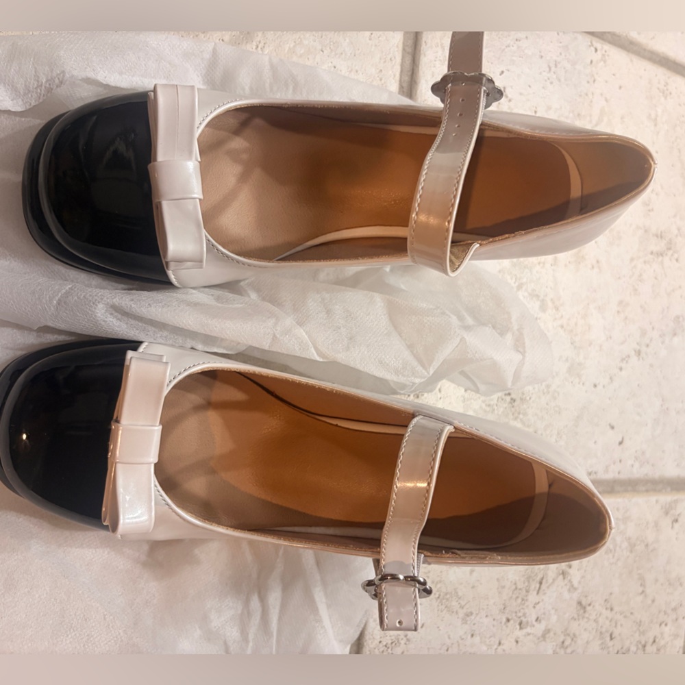 Round Toe Patent Leather Black and White Women's Heels